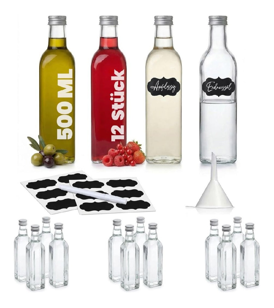 12 500ml Bouteille Verre Carree Bouchon Rhum Arrange Sirop Huile Vinaigre Cadeaux Etiquettes Entonnoir
