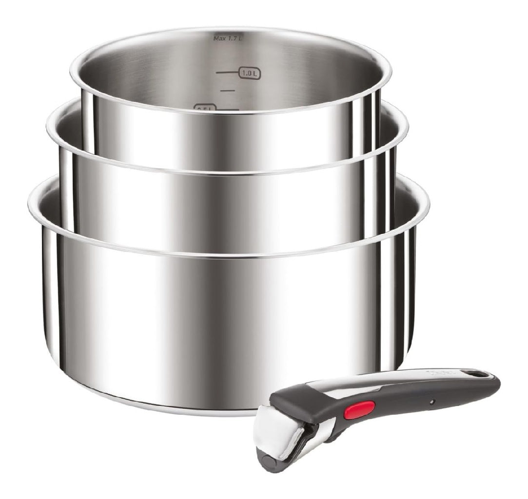 On Ingenio Preference Lot de 3 Casseroles et 1 Poignee Amovible Batterie du cuisine inox 18/10 empilable Compatible induction et four Poignee amovible robuste garantie 10 ans